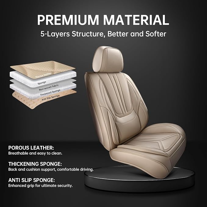 Car Seat Covers Full Set Beige, Premium Leather Car Seat Covers, Waterproof and Breathable Seat Covers, Universal Car Seat Protector Fit for Cars, Trucks, SUVs, Pick-ups