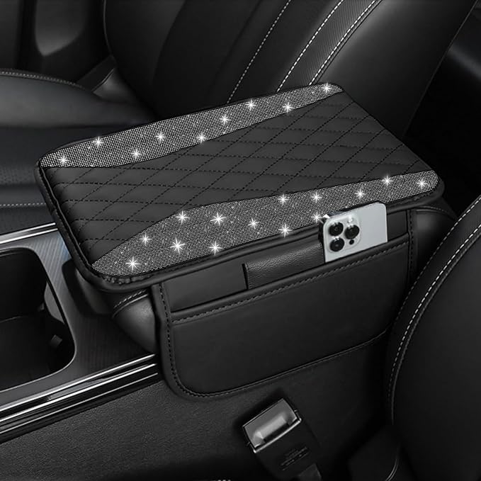 NBTEPEM Bling Car Center Console Cover, Leather Middle Console Cover with 2 Storage Bags, Universal Arm Rest Cover Protector, Bling Car Accessories Interior Fit for Most Vehicles, Black Diamond