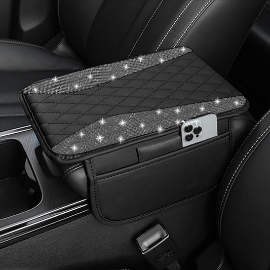 NBTEPEM Bling Car Center Console Cover, Leather Middle Console Cover with 2 Storage Bags, Universal Arm Rest Cover Protector, Bling Car Accessories Interior Fit for Most Vehicles, Black Diamond