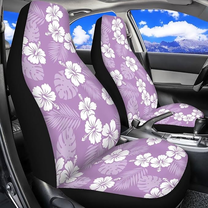 Hawaiian Florals Front Car Seat Cover Hibiscus Automobile Front Seat Covers Set of 2 Stretch Polyester Fabric Cover Universal Fit for Cars SUV Sedans