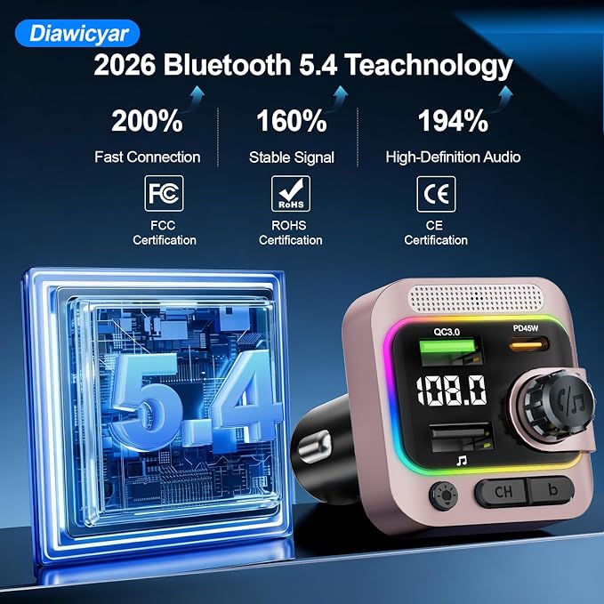 63W FM Transmitter Bluetooth Car Adapter, Wireless FM Bluetooth Transmitter | [PD 45W & QC3.0] Fast Charge, Deep Bass Player, Hands-Free Calling, Pink