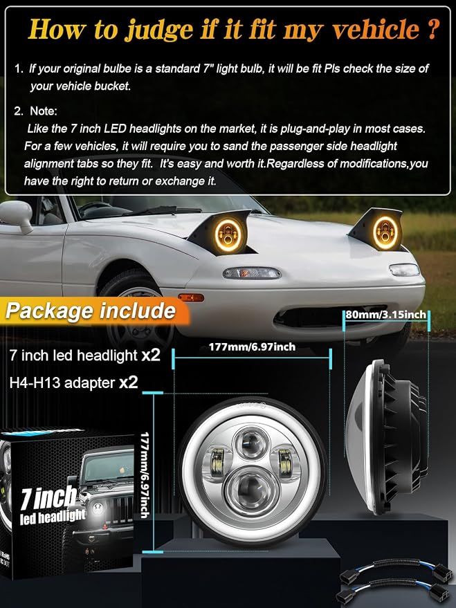 ZIMABLUE 7 inch led Headlight Chrome Round Projector 7 inch Halo led Headlight H6024 DOT Approved Hi/Lo Beam DRL Amber Turn Signal Compatible with Jeep Wrangler JK TJ CJ Compatible with Chevy miata
