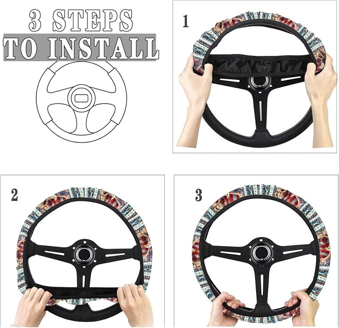 Wanyint Auto Steering Wheel Cover Unviersal 15 Inch Steering Wheel Wrap Cover 4th of July Auto Interior Accessories Decor for All Seasons, Aztec Eagle US Flag