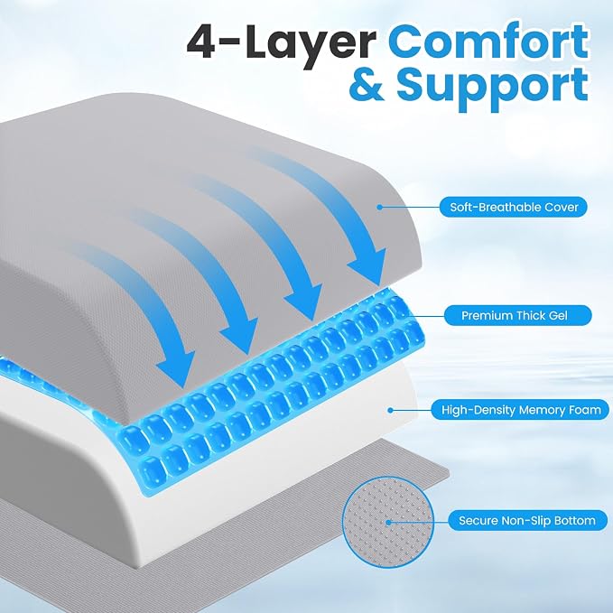 Wheelchair Seat Cushion for Pressure Relief, Cooling Gel Memory Foam Chair Cushion with Slope-Edge Design, Coccyx Support for Tailbone Pain, Non-Slip, for Wheelchairs, Office Chairs, Light Grey