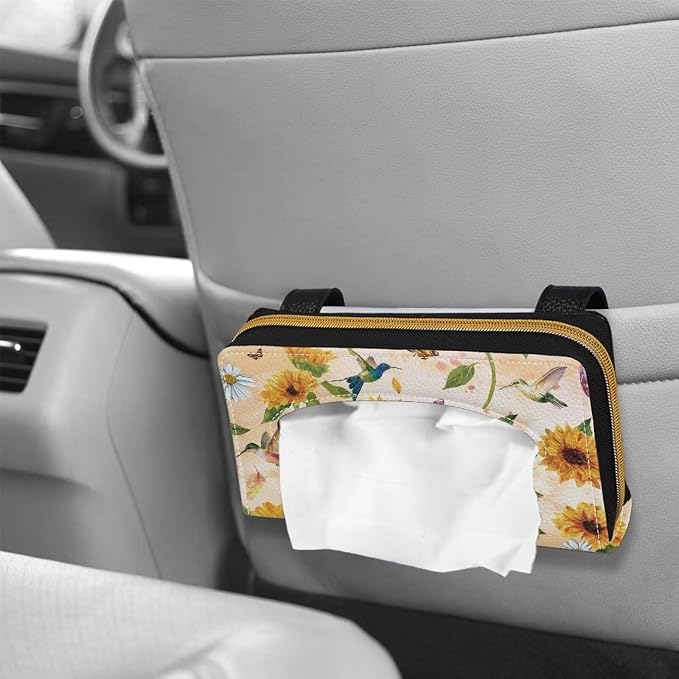 Sunflower PU Leather Backseat Tissue Holder Automotive Sun Visor Napkin Holder Humming Bird Vehicle Car Visor Tissue Holder for Car Sun Visor Napkin Holder