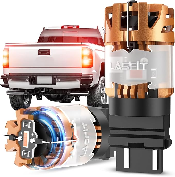 LASFIT CANBUS 3157 LED Bulb Red,3057 4157 LED With Built-in Resistor for Brake Light Bulbs with Fan,3156 Anti Hyper Flash Error Free for 2007-2013 Silverado 1500,Tail Lights, Stop Lights, Pack of 2