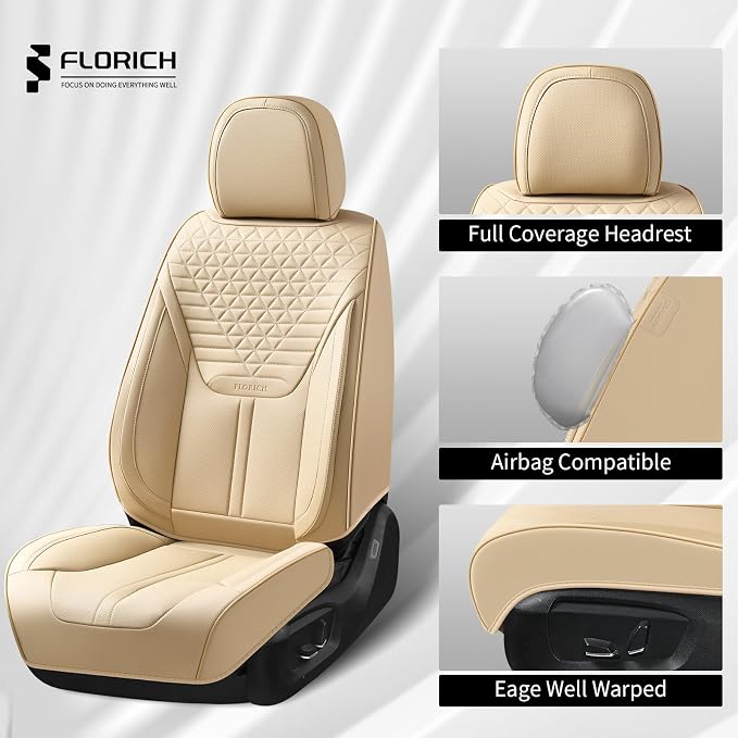 FLORICH Seat Covers, Car Seat Covers Full Set, Luxury Nappa Leather Seat Covers, Breathable and Waterproof Car Seat Protector 5 Seat, Automotive Seat Covers Universal Fit for Most Cars-Beige