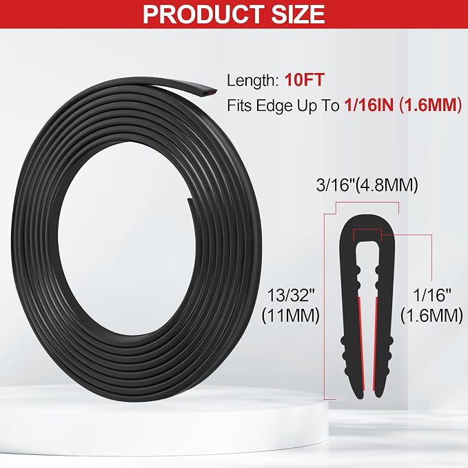 ToLanbbt Rubber Edge Trim U Channel - 1/16" Self Adhesive Sheet Metal Edge Guard Protector, EPDM Seal Strip for Car Doors, Steel Plates, Glass, Hatches, Table Corners, Fit 1/16"(1.6mm), 10Ft, Black