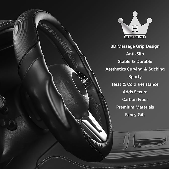 HighnessHwoo 3D Car Steering Wheel Cover Comfort Grip Massage Sporty Anti-Slip Carbon Fiber Faux Leather for Sedan SUV, Universal Fit, Car Handle Covers for All Seasons, 14.75-15.15in, Black