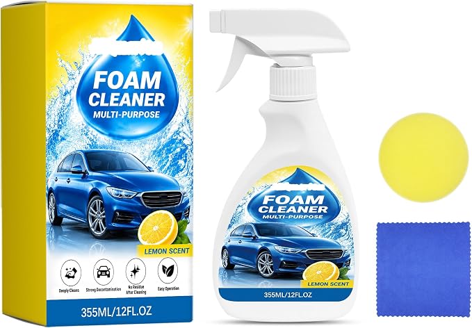 Car Interior Cleaner Foam with Sponge & Microfiber Towel, Deep Cleaning Auto Detailing Spray for Dashboard, Leather, Vinyl, Plastic, Carpet & Upholstery, Fast Stain Removal, Quick Drying, Lemon Scent
