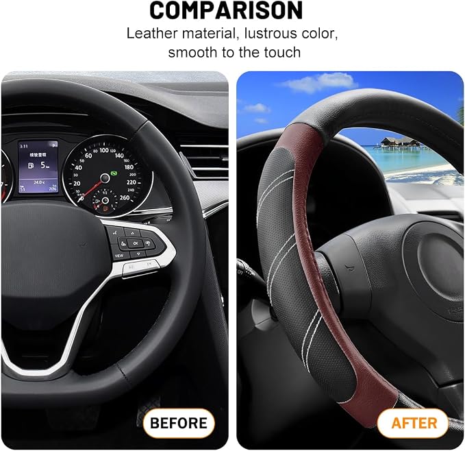 Zpana Car Steering Wheel Cover, 15 Inch Carbon Fiber Leather Non-Slip Steering Wheel Protector with Lining, Breathable Automotive Interior Accessories, Universal for SUV RV Truck (Wine Red)