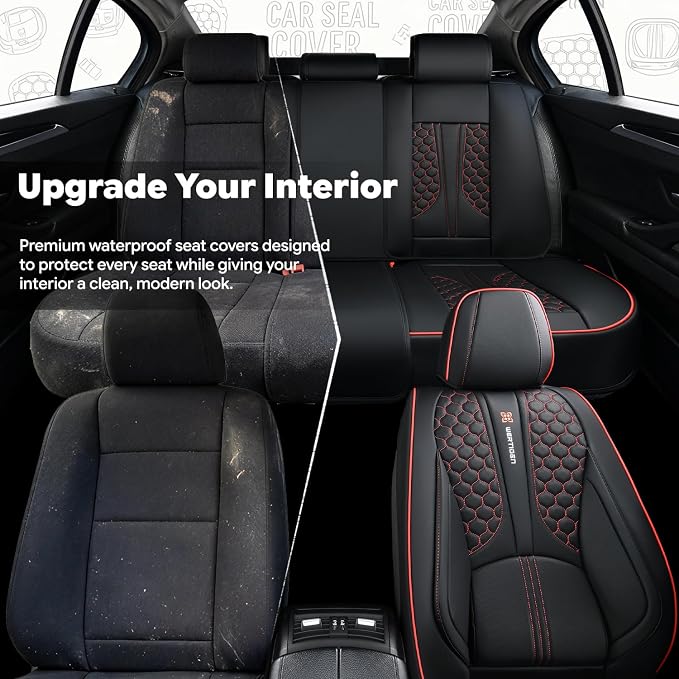 Black and Red Leather Car Seat Cover Set, with Lumbar Support | OEM-Inspired Interior Upgrade