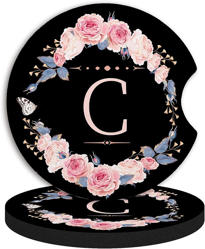 2pcs Letter C Car Coasters,Absorbent Universal neoprener Cup Holder Coasters with a Finger Notch,Car Accessories for Women&Man Interior，2.75"