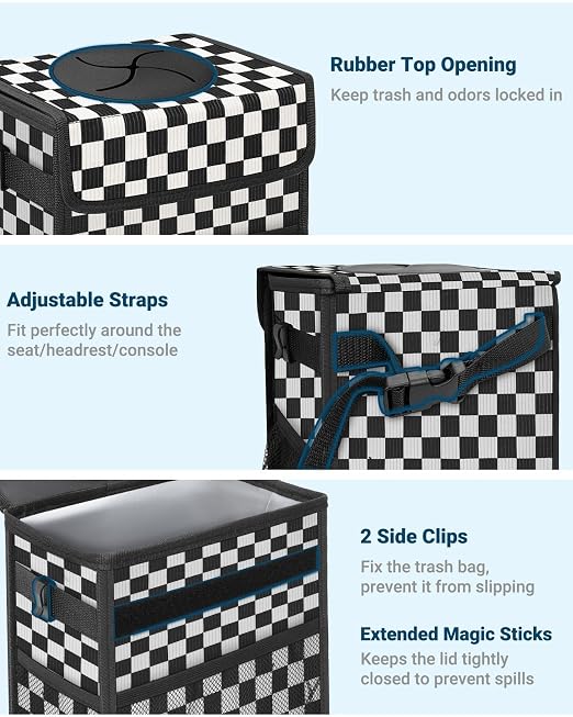 Capolo Car Trash Can with Lid, Leakproof Car Trash Bag Hanging Waterproof Automotive Garbage Can with Storage Pockets Mini Vehicle Trash Bin for Back/Front Seat(Black Square Grid,3 Gallon)