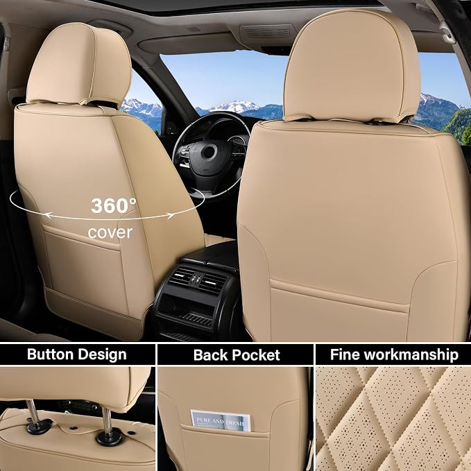 Coverado Car Seat Covers Full Set, 5 Seat Universal Seat Cover for Cars, Luxury Faux Leather Waterproof Seat Covers, Front and Back Car Seat Protector, Auto Seat Covers Fit for Most Vehicles, Beige