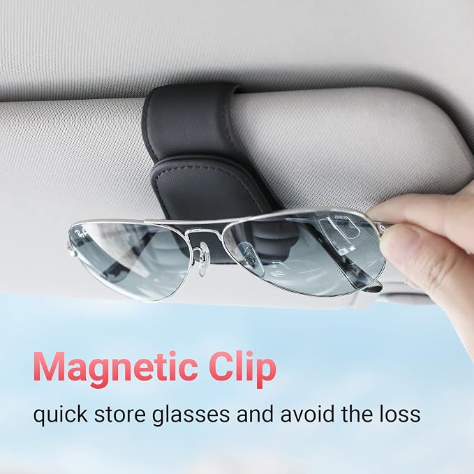KanSmart Sunglass Holder for Car Sun Visor Magnetic Sunglasses Clip Leather | sun visor organizer, ticket card clip, universal auto interior accessories, one-handed magnetic, anti-scratch,eyeglass holder