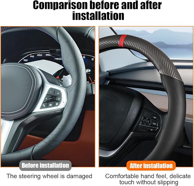 Carbon Fiber Car Steering Wheel Cover, Leather Breathable Automotive Wheel Protector, 15 Inch Anti-Slip Vehicle Interior Steering Accessories, Universal for SUV Truck Sedan (Gray)