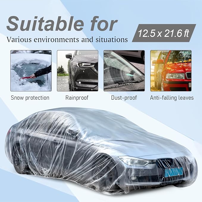 BBTO 1 Pack Universal Plastic Car Cover with Elastic Band Disposable Clear Car Covers Bulk 12.5 x 21.6 ft Waterproof Dustproof Full Exterior Protector for Sedan Outdoor Snow Rain Weather