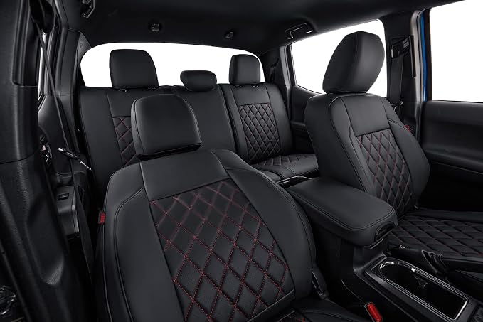 coverdream Custom Front Seat Covers Compatible with Select Toyota Tacoma Double Cab 2016 2017 2018 2019 2020 2021 2022 2023 Models - Leatherette (Red/Black,Full Set)
