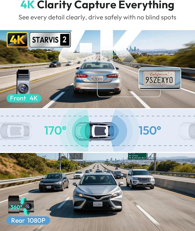 BOTSLAB G300 Plus 4K Dual Dash Cam Front and Rear [2026 Upgraded], STARVIS 2 Sensor, 64GB Card Included, Voice Control, 5GHz WiFi Dashcam Front and Rear Camera, GPS,WDR Night Vision,24H Parking Mode