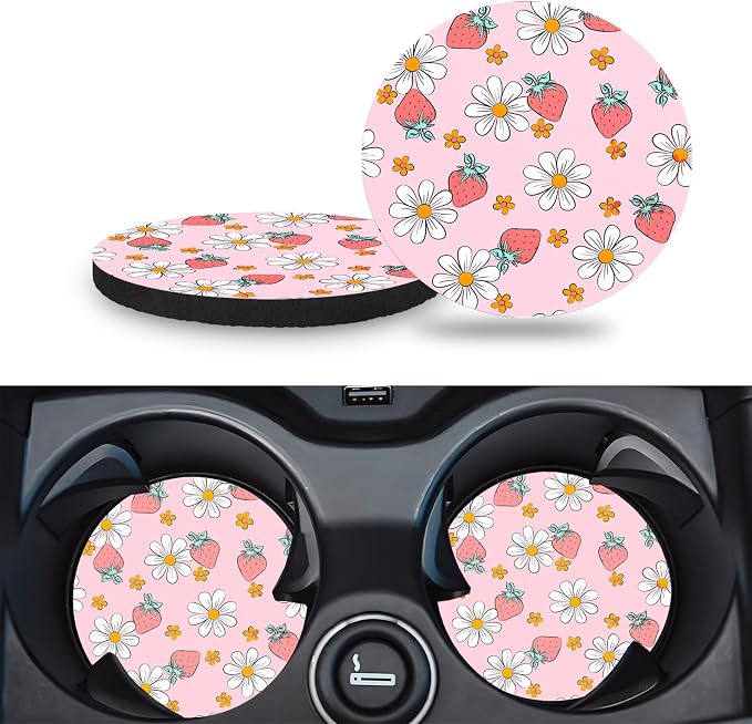 Car Cup Holder Coasters, 2 Pack – 2.75" Universal Auto Anti-Slip Insert Coaster, Rubber Car Coasters, Personalized Car Accessories for Women (Pink Strawberry)