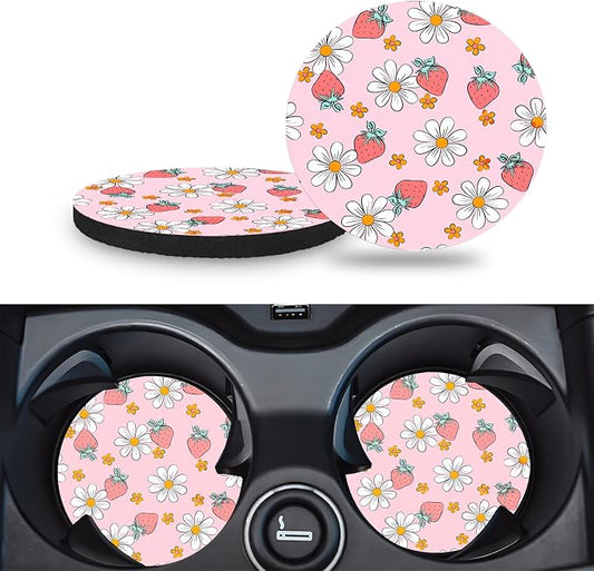 Car Cup Holder Coasters, 2 Pack – 2.75" Universal Auto Anti-Slip Insert Coaster, Rubber Car Coasters, Personalized Car Accessories for Women (Pink Strawberry)