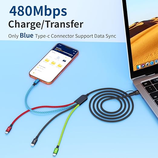 4 in 2 Multi Charging Cable, 3 Type-C & IP Cord for Multiple Devices | USB C Multi Charging Cable with 3 Type-C & IP Ports, Nylon Braided Phone Charger Cord for Travel, Car and Daily Use