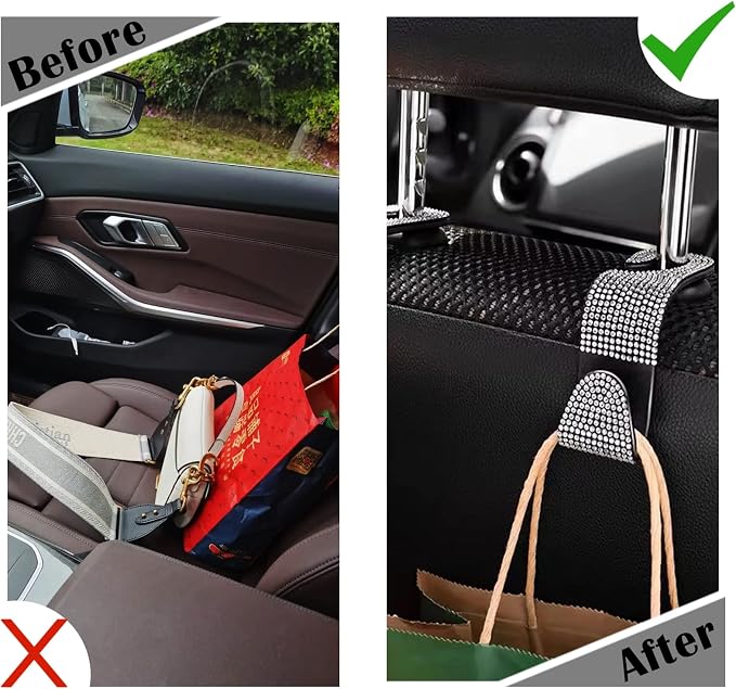 OSIFIT 2PCS Car Seat Hooks, Bling Rhinestone Headrest Hooks, Universal Bling Car Interior Accessories, for Handbag, Clothes, Purse, Water Bottle (White)
