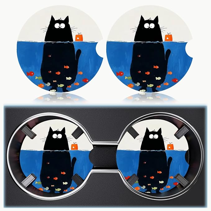 Car Cup Holder Coaster Set of 2, 2.56 in Ceramic Coasters, Scratch-Resistant Cork Backing, Finger Groove Design for Easy Placement, Cute Car Accessories Interior for Women (Kitten Diving)