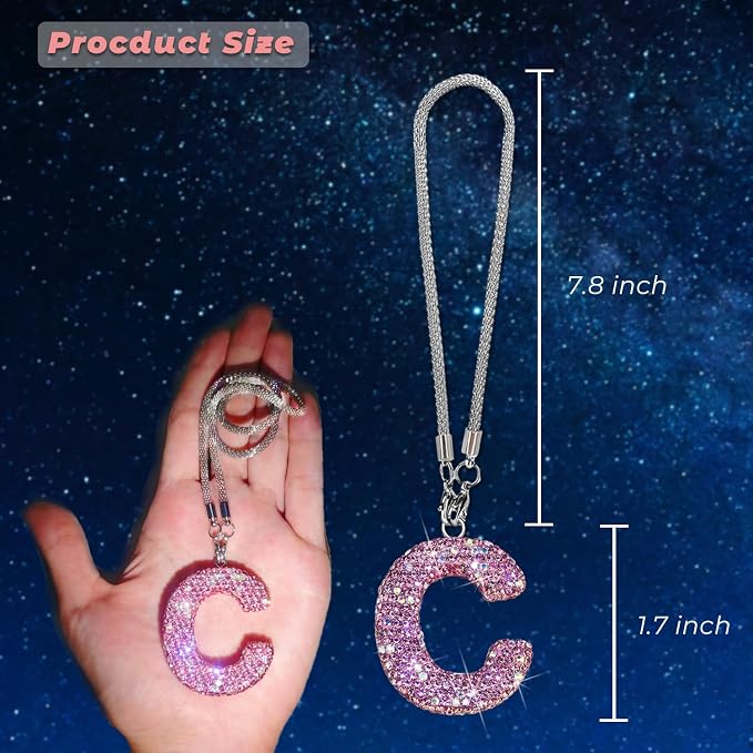 Bling Pink Car Accessories for Women Letter Charm, Rainbow Color Rear View Mirror Cute Crystal Pendant Car Decorations, Lucky Gifts Girly Diamond Rhinestone Charm Interior C
