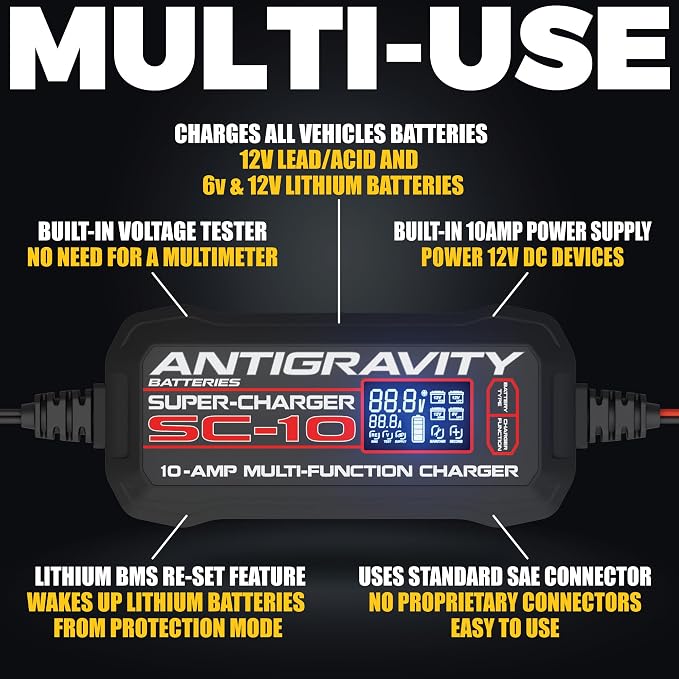 Antigravity SC-10 Super-Charger 10A Smart Battery Charger & Maintainer for 6V/12V Lithium (LiFePO4) & 12V Lead-Acid Batteries – Wall-Powered, LCD Display, Power Supply Mode, BMS Reset