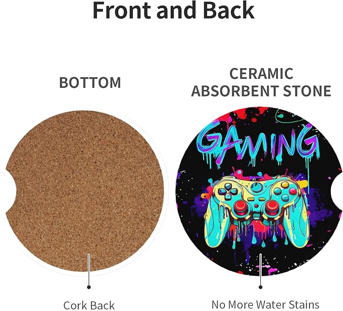Game Car Cup Holder Coasters 2 Pack 2.63" for Women | Universal Anti Slip Ceramic Absorbent Coaster with Cork Base and Finger Notch Cute Car Accessories Interior