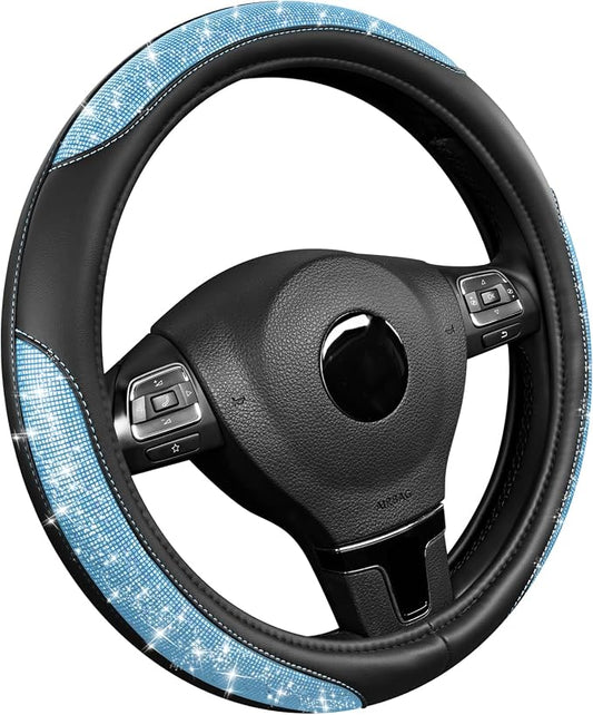 Road Comforts Pixel Glitter Steering Wheel Cover, 14.5–15 Inch Leather Steering Wheels Snug Fit, Anti-Slip Leather Grip, Elegant Sparkle Design, Universal Fit - Light Blue