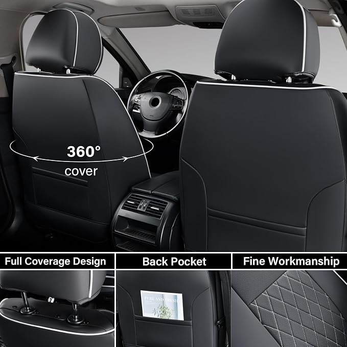 Coverado Tacoma Seat Covers, Car Seat Covers Front Seats, Leather Seat Covers for Cars Car Seat Protector Cushion Tacoma Accessories Custom Fit 2005-2015 Toyota Tacoma Double/Crew Cab(White Line)