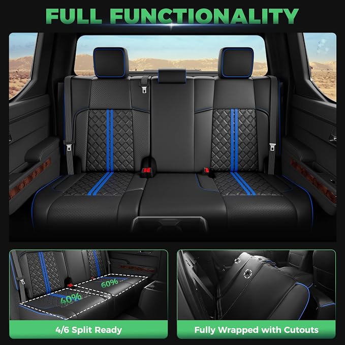 Custom Seat Covers for Tacoma 4th Gen 2024 2025 2026 Double Cab SR5/TRD Sport/TRD Off-Road/SR Full Set with Console Covers, Waterproof Leather Back and Front Seat Protectors Black Blue