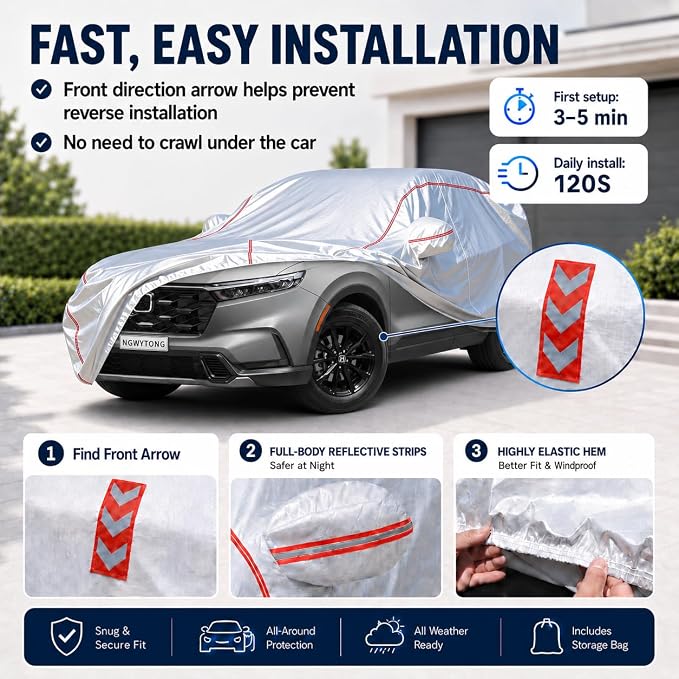 Waterproof All Weather Heavy Duty Vehicle Cover, 360° Underbody Wrap Windproof Design, Quick Install Outdoor Cover,（for Honda CRV 1996-2025）
