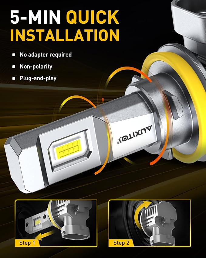 AUXITO 9005 H11 LED Bulbs, 80,000LM 15X Super Bright, 6500K Cool White, 20 Years Long Lifespan, 1:1 Mini Size Replacement Light Bulbs, Plug-N-Play, Pack of 4