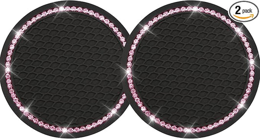 Yousheng 2PCS Bling Car Cup Coaster, Universal Holder Insert Rhinestone Anti Slip Silicone Accessories Suitable for Most Interior, Best Gift Women, Black and Pink