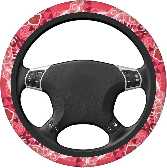 Red Hibiscus Polynesian Tapa Car Steering Wheel Cover 14-15 Inch for Women Men - Stretch Cloth Anti-Slip Wrap Protector Case - Fit Universal Auto Accessories Decor - Sweat Absorption