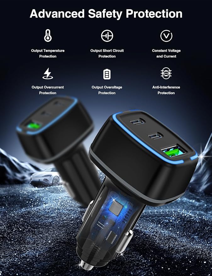 75W USB C Car Charger, 3-Port Super Fast Charging PD 3.0 & QC 3.0 Cigarette Lighter Adapter for iPhone 17/16/15 Pro Max, Samsung Galaxy S26/S25/S24 Ultra, with 4Pack 3FT+6.6FT Type C Cable