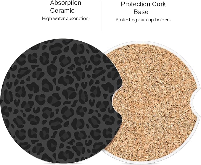Ceramic Car Coasters – Absorbent Car Cup Holder Coaster Set for Women, Cute Aesthetic Car Accessories for Girls, 2 Pack (Soft Black)