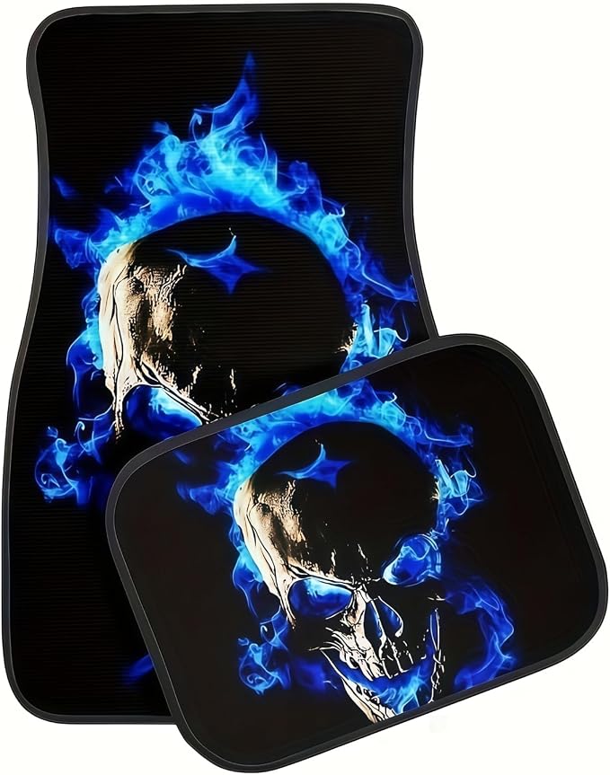 Universal Fit Car Floor Mats Set of 4Pcs, Blue Skull Print All-Weather Front Rear Car Carpet Mats, Non-Slip Car Floor Mat Car Accessories for Automotive Trucks SUV Sedans Vans