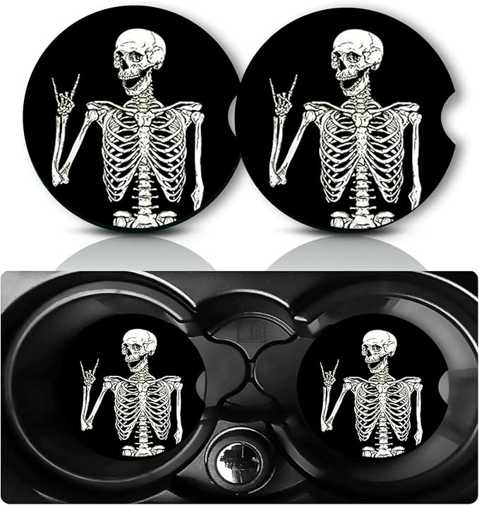 2Pcs Skeleton Car Coasters,2.75" Neoprene Rubber Cars Cup Holder Coasters | Universal Non‑Slip Mat, Drink Coaster Decor Auto Accessories Skull Gifts for Women,Men,Mom