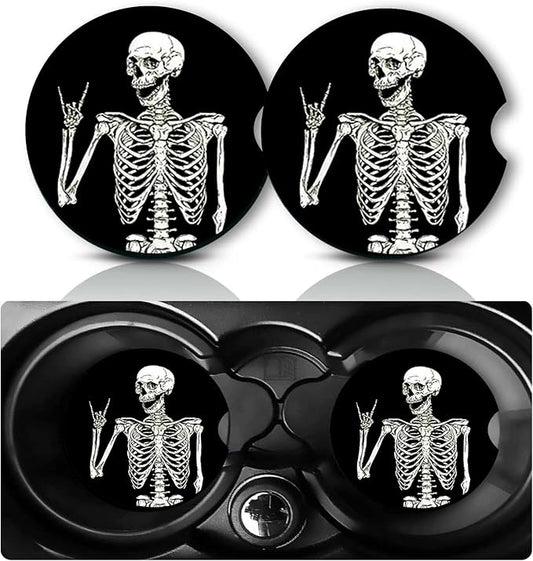 2Pcs Skeleton Car Coasters,2.75" Neoprene Rubber Cars Cup Holder Coasters | Universal Non‑Slip Mat, Drink Coaster Decor Auto Accessories Skull Gifts for Women,Men,Mom
