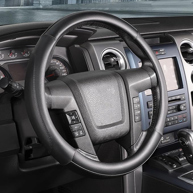 SEG Direct Car Steering Wheel Cover Large Size for F150 F250 F350 Ram 4Runner Tacoma Tundra Range Rover with 15 1/2 inches-16 inches Outer Diameter, Black Microfiber Leather