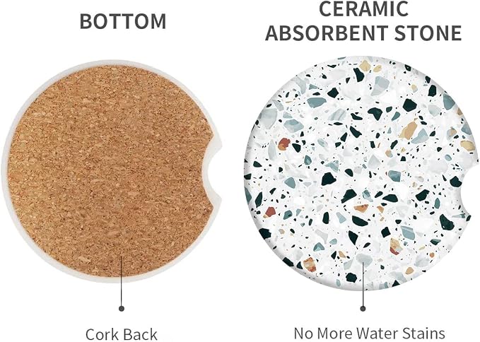 Britimes Car Coasters for Drinks Absorbent, 2 Pack Cup Holders, 2.56" Ceramic Stone & Non-Scratch Cork Base Coasters Cupholder, Auto Accessories for Women & Men, Classic Italian Floor Venetian Natural