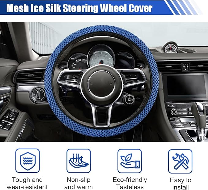 Elastic Stretch Steering Wheel Cover, for Men Women (Blue) | 15" Breathable Microfiber Ice Silk Steering Wheel Protector, Universal Anti-Slip Warm in Winter&Cool in Summer Car Accessory