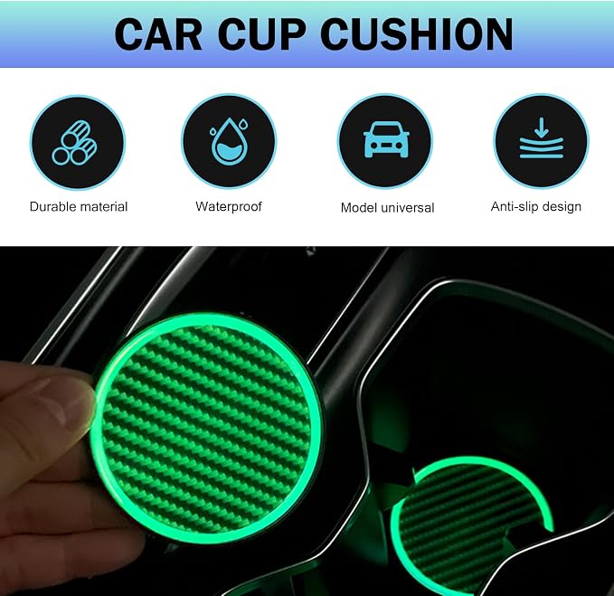 2 PCS Car Cup Coasters, Luminous Car Coasters, 2.83" Carbon Fiber Non-Slip Insert Coaster, Universal for Most Cars (Black)
