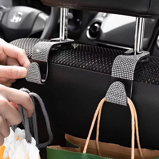 OSIFIT 2PCS Car Seat Hooks, Bling Rhinestone Headrest Hooks, Universal Bling Car Interior Accessories, for Handbag, Clothes, Purse, Water Bottle (White)