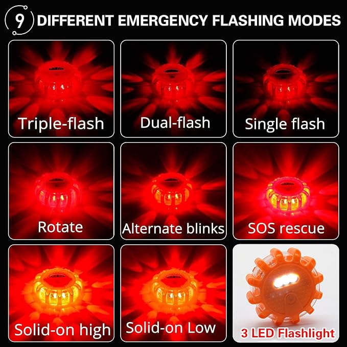 Rechargeable LED Emergency Road Flares Beacon Disc, 650mAh Lithium Battery Car Warning Safety Light with Magnetic Base, 9 Flash Modes IP67 Waterproof Type-C Charging for Vehicle Roadside Breakdown